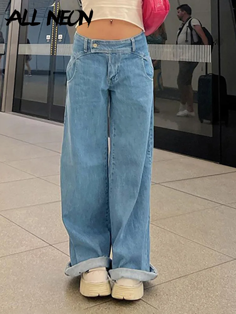 

ALLNeon Vintage 90s Streetwear Buckle Trim Low Waist Baggy Jeans Y2K Indie Aesthetics Wide-Leg Full Length Blue Denim Pants Fall
