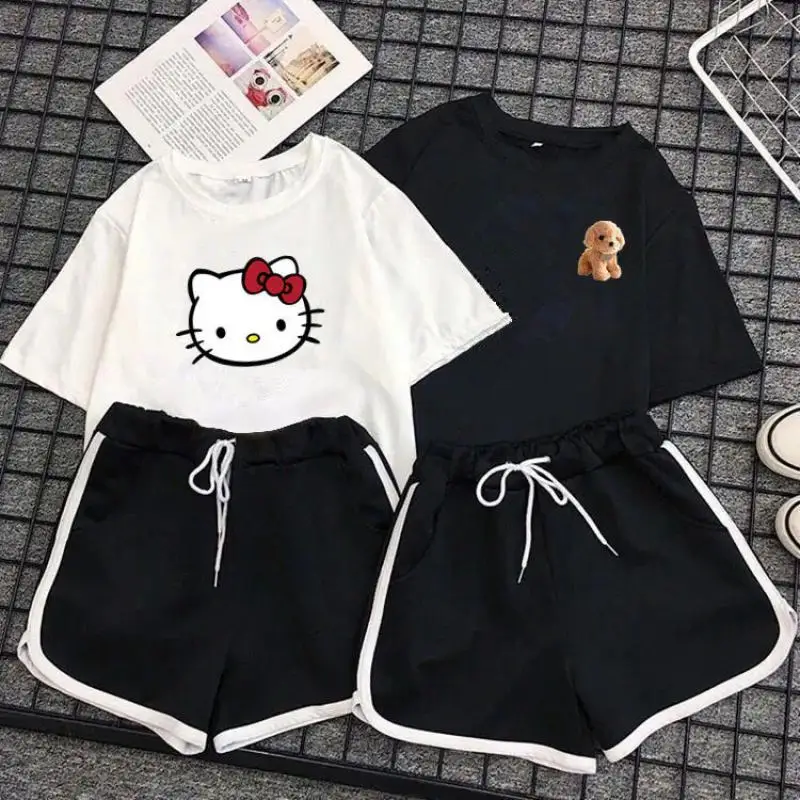 

Футболка и шорты для девочек Sanrio, модный спортивный костюм с футболкой и шортами Hello Kitty, комплект из двух предметов для бега и отдыха Yundon, на лето