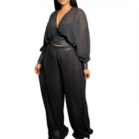 womens two piece set spring 2022 solid v neck bat sleeve sexy chiffon shirt pleated wide leg pants loose matching african suit