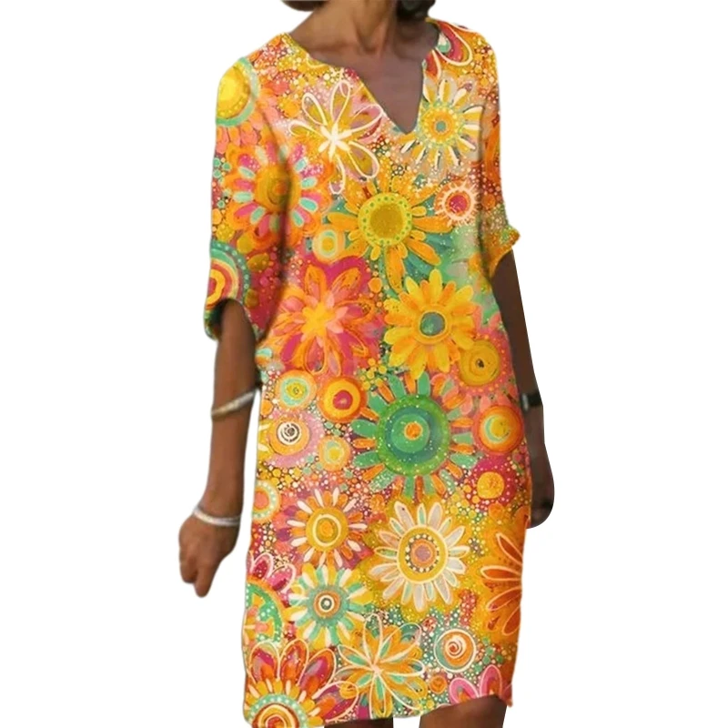 

Женское длинное свободное платье миди с рукавом до локтя и V-образным вырезом