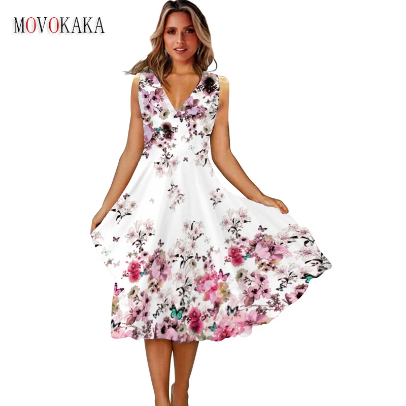 

MOVOKAKA Summer Flowers Printing Woman Midi Dress Beach Holiday Casual Party Elegant Vestidos Sleeveless V Neck Vintage Dresses
