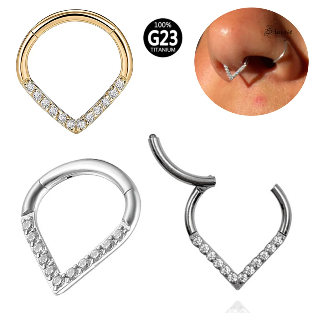 

1Pc G23 Titanium Ring Septum Piercing Jewelry Zircon Daith Nose Ring Hoop Clicker Water Drop Helix Rook Tragus Piercing Hinged