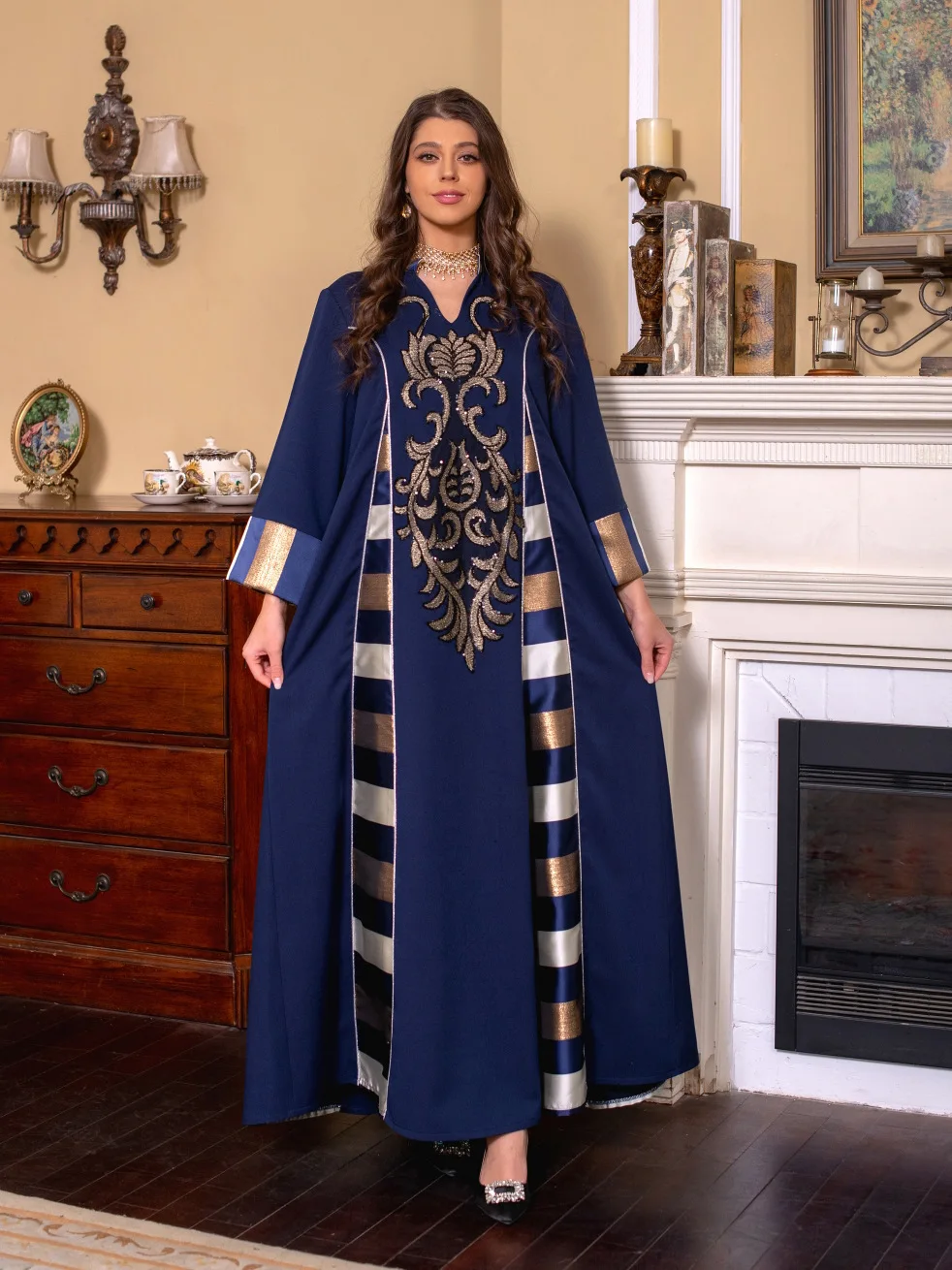 New Middle Eastern Women's Dress Beaded Embroidered Panels Print Striped Robe Abaya Muslim Maxi Dress Evening Dresses