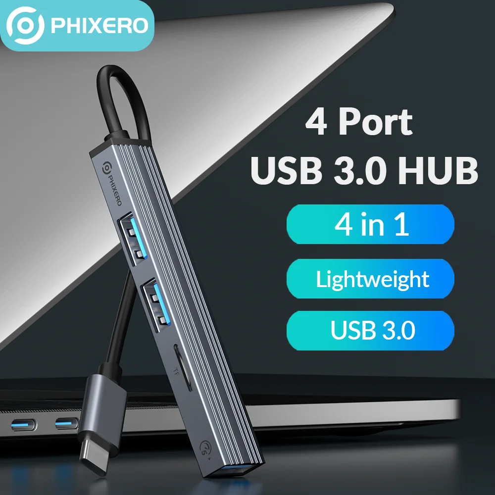 

4-портовый USB-разветвитель PHIXERO 3,0, 2,0 дюйма, USB-разветвитель с алюминиевым разъемом типа C, адаптер для порта, TF-Док-станция для ПК, Macbook, ноутбуков, аксессуары