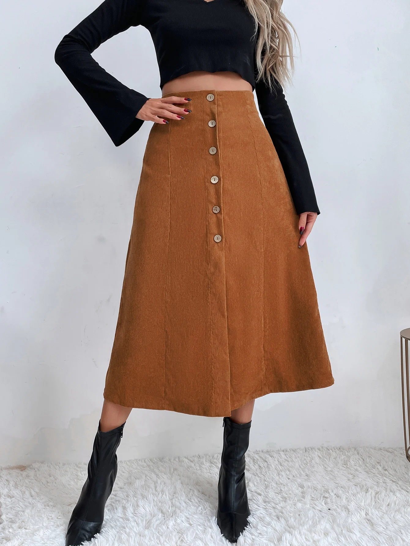 

Women Vintage Khaki Corduroy Skirt Autumn Winter Fashion High Waist Single Breasted A-line Long Skirts Female Casual Midi Skirt
