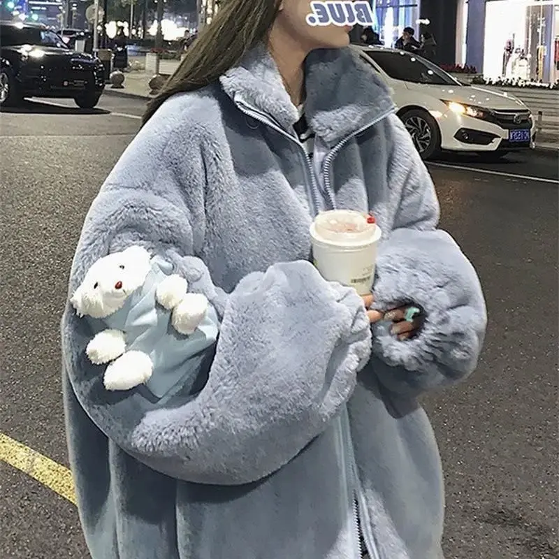 

Lamb velvet jacket female American bear thick autumn and winter loose ins plus velvet stand collar cardigan cotton jacket 2023