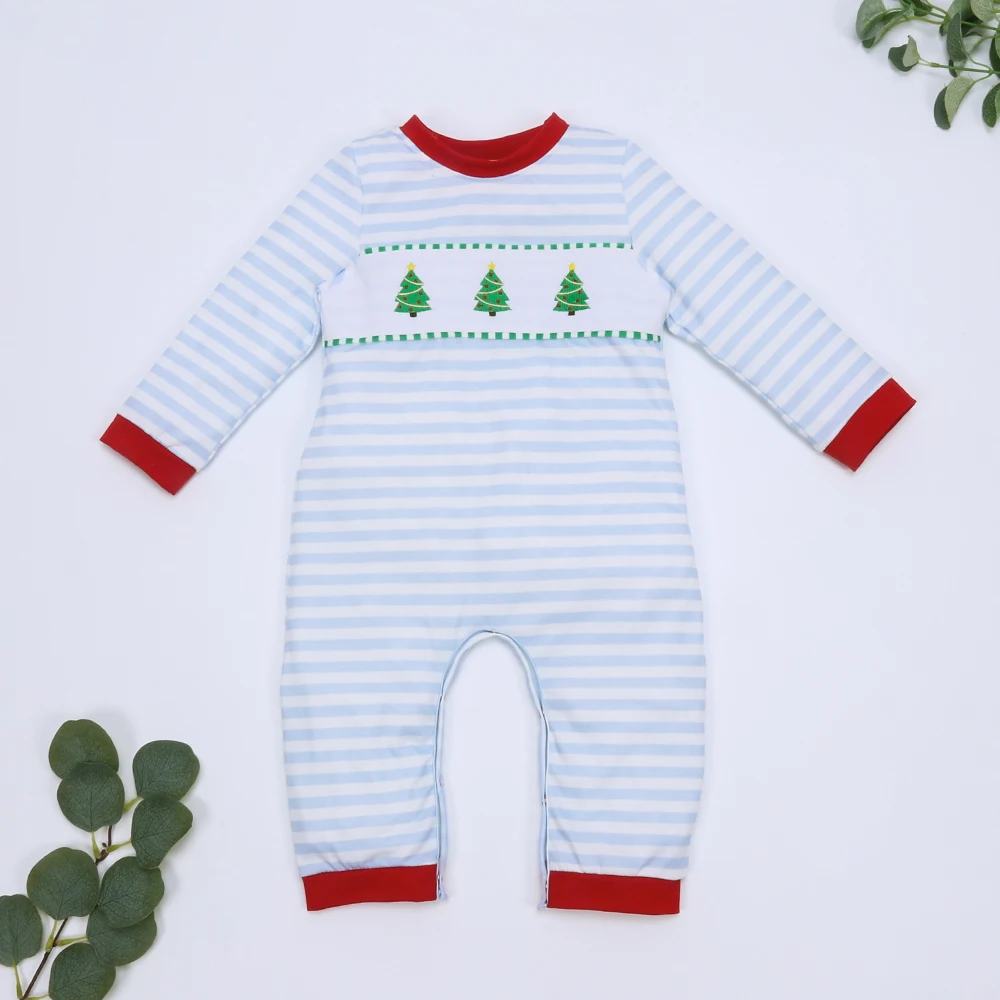 

Factory Wholesale RTS Christmas One-piece Bodysuit White Romper With Cartoon Three Trees Embroidery Toddler Boy Jumpsuit