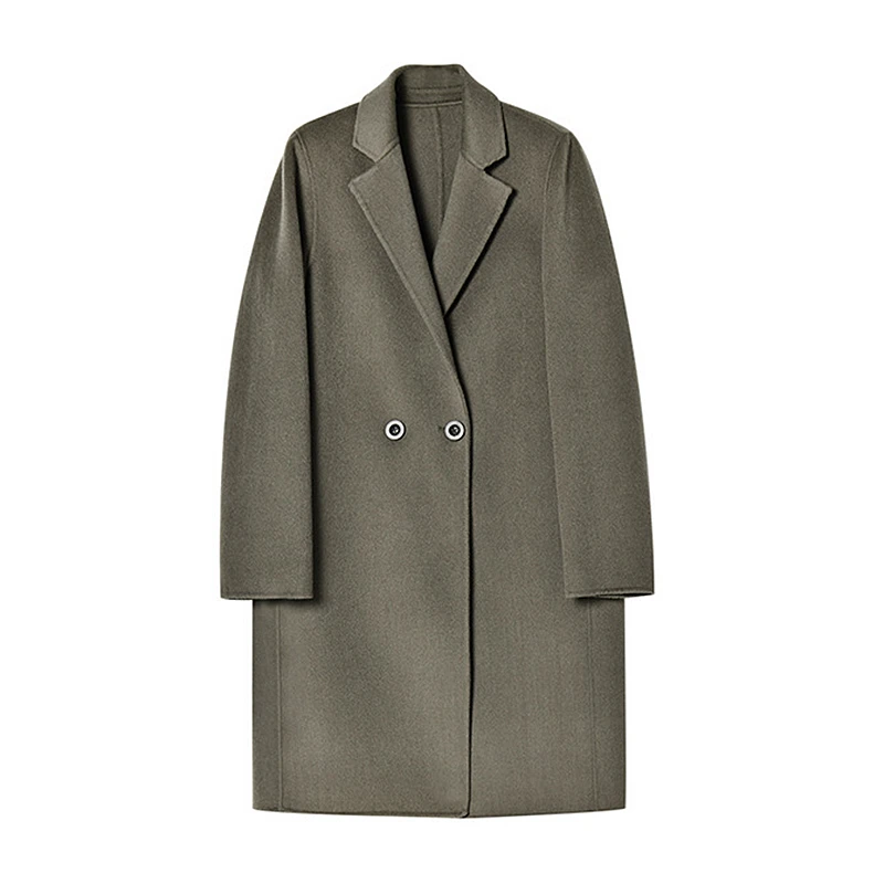 

Woolen Coat Women Elegant Style 100% Wool Simple Design Turn-down Collar Long Sleeve Pockets Solid 2 Colors Lady New Fashion