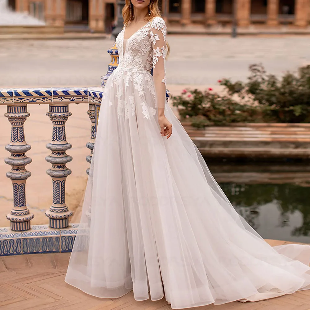

Sexy V-Neck Wedding Dress A-Line Lace Appliques Tulle Full Sleeve Bridal Gown Robe De Mariee Sweep Train