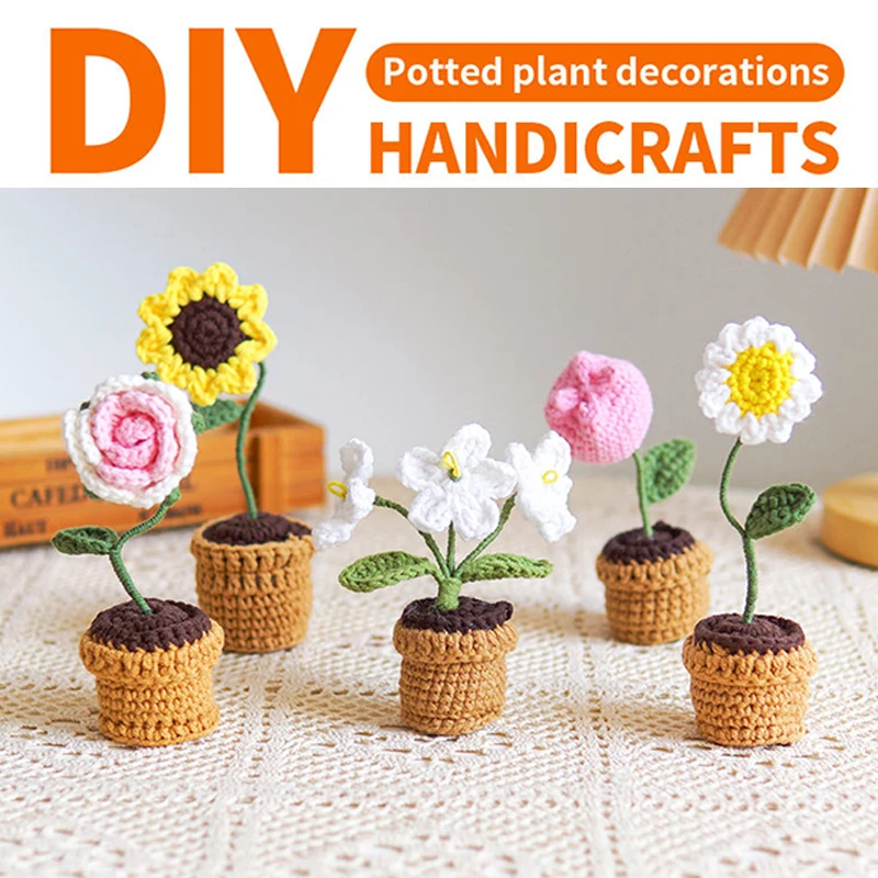 

5pcs/1Set Mini Potted Small Bouquet Flowers Starter Knitting Kit Material Package For Beginners Handmade Crochet Adults Kids Diy