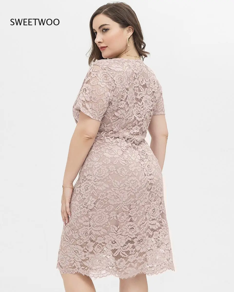Plus Size Lace Dress Women Elegant Pencil Midi Dress With V Neck Big Size Casual Pink Dresses Short Sleeve Summer Dress XL-XXXXL
