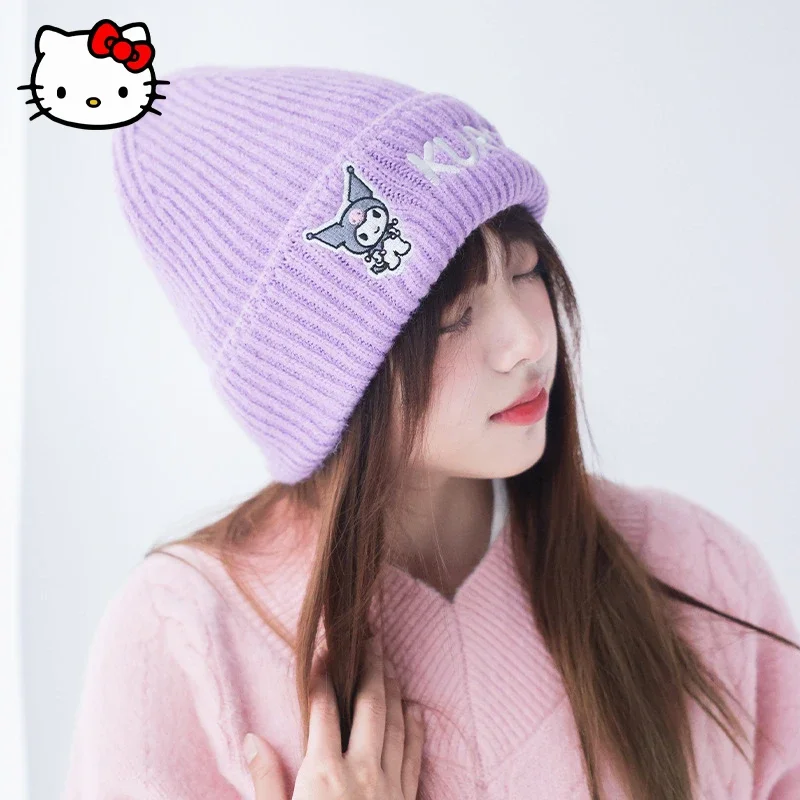 

New Sanrio MyMelody Cinnamoroll Kuromi Hat Kawaii Anime Winter Girl Windproof Warm Headgear Student Knitted Cute Basin Hat Gift