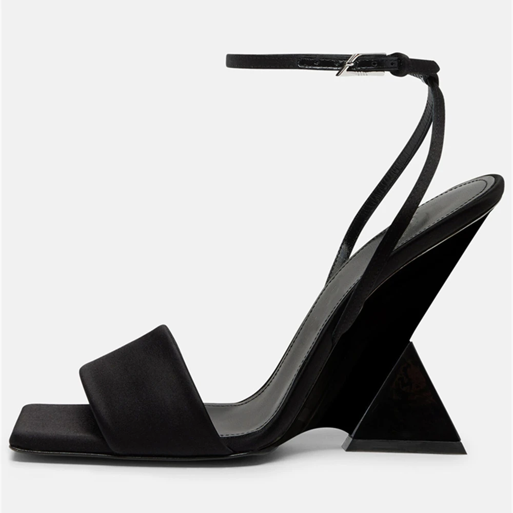 Women New Strange Style Thick High Heels Buckle Strap Sandals Open-Toes Silks Satins One Word Belt  Ankle Strap Square Toe Shoes