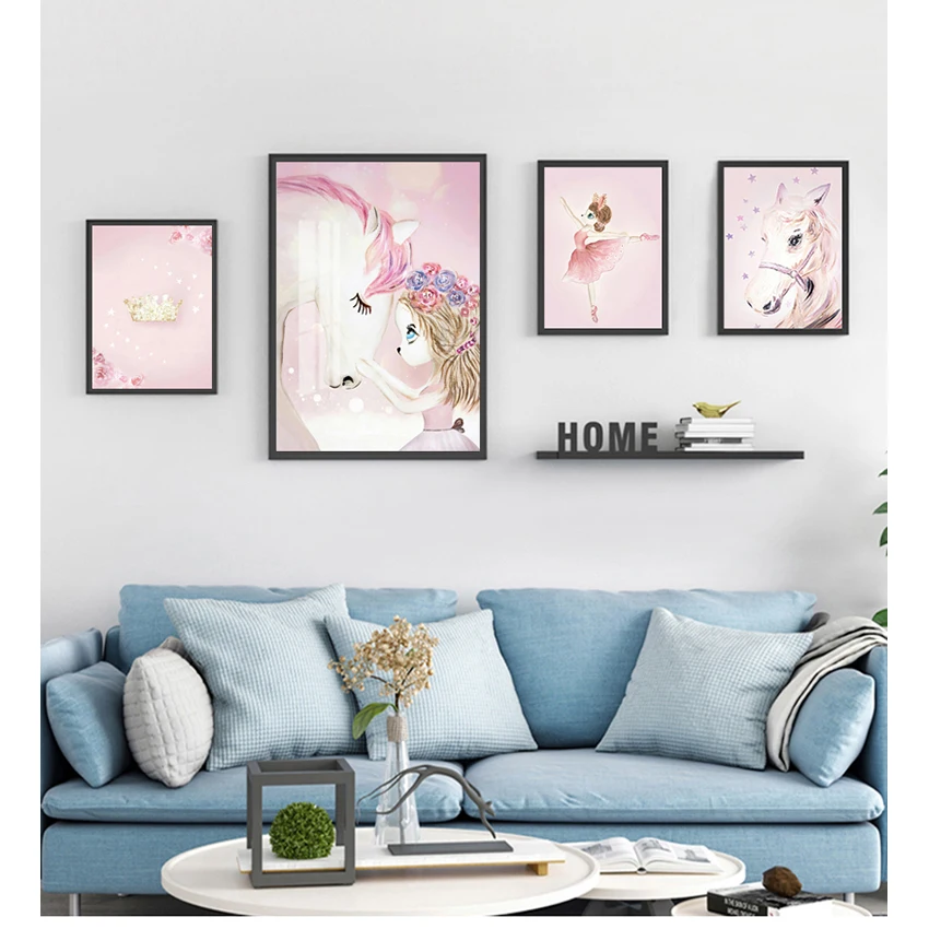 

Cartoon Girl Swan Horse Flower Crown Print Art Canvas Poster For Living Room Decor Home Wall Picture