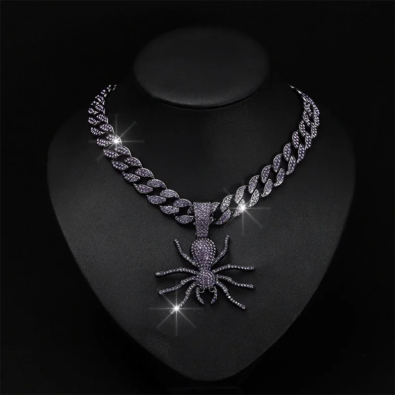 Мужчины Женщины Хип-Хоп Белый Кристалл Паук Ожерелье с 13 мм Массивная Кубинская