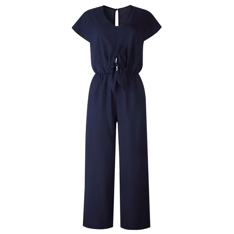 Summer Women V-Neck High Waist Loose Casual Rompers with Bandage Fashion Backless Playsuits Solid Colors Short Sleeve Jumpsuits