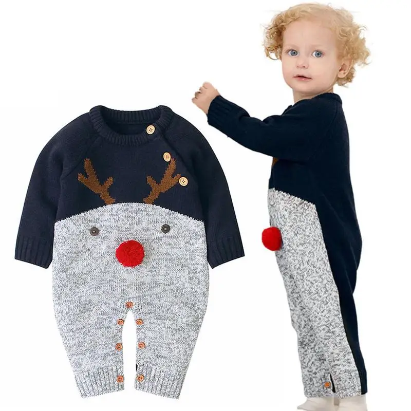 

Детский Яркий Рождественский наряд для маленьких мальчиков, вязаный мультяшный свитер, комбинезон с оленями, теплый удобный зимний комбинезон