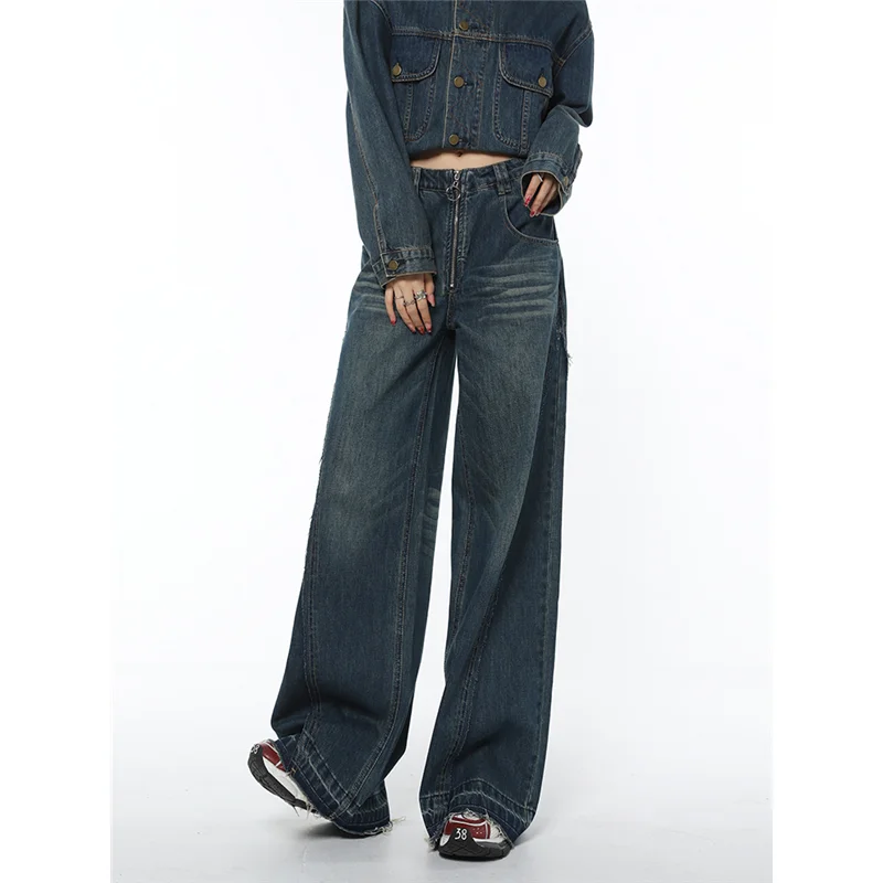 

Autumn Blue High Waist Women Jeans American Fashion Vintage Streetwear Wide Leg Denim Trouser Straight Baggy Flare Denim Pants