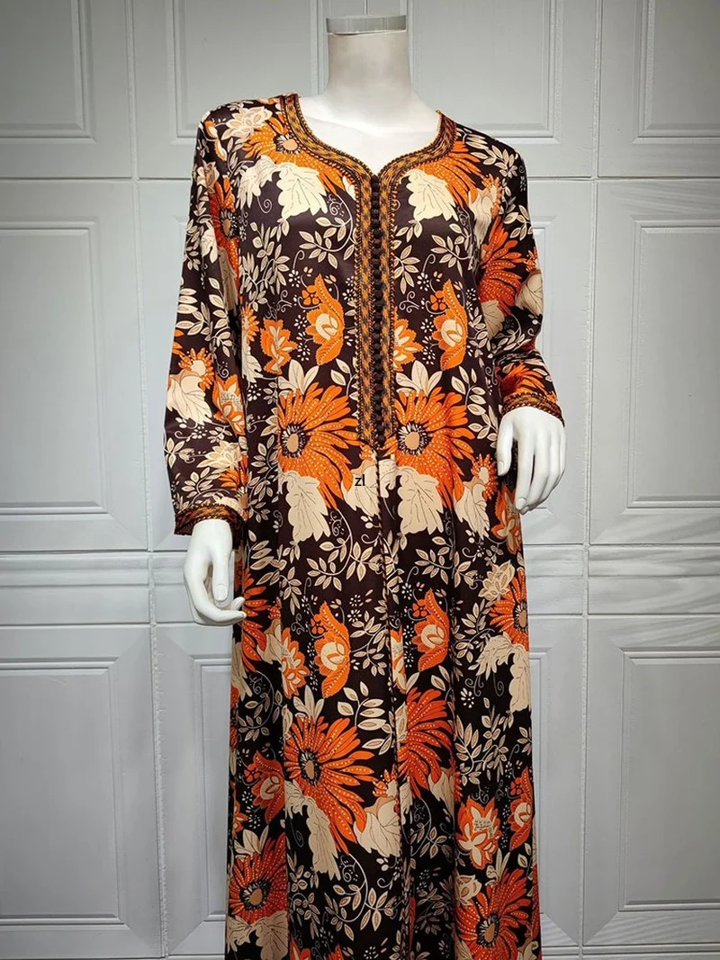 Floral Printed Jalabiya Arabic Long Dress Women Braided Trim Ethnic Moroccan Lose Caftan Muslim Islam Dubai Abaya Summer Orange