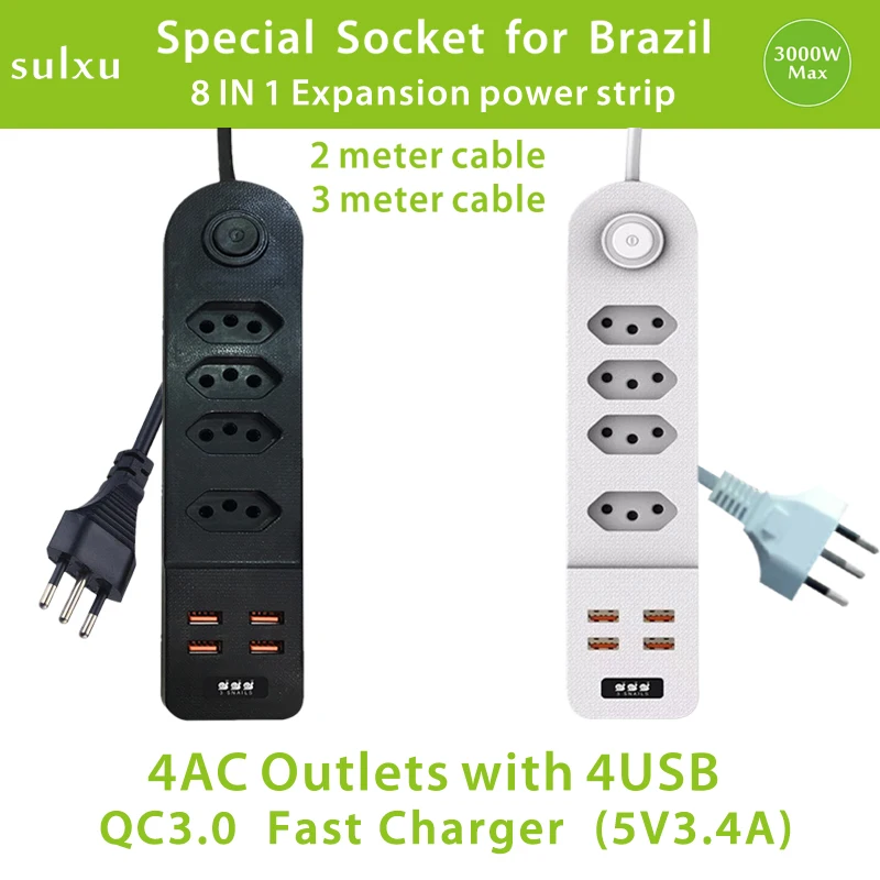 

Brazil power strip 8 in 1 power board 4AC Outlets with 4USB QC3.0 fast charging 3-meter cable extension power socket