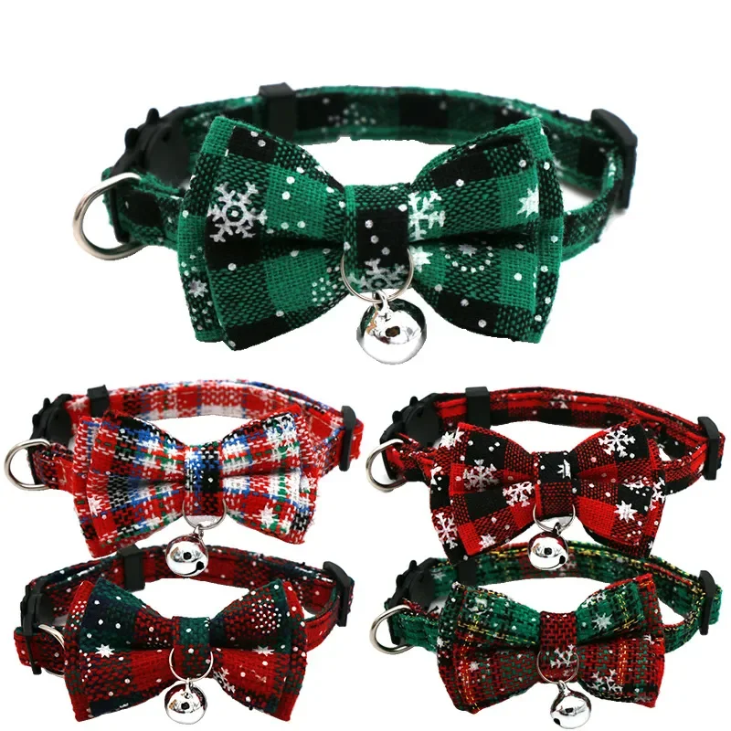 

Christmas Bowknot Cat Small Dog Collar with Bell Plaid Snowflake Adjustable Breakaway Pet Puppy Kitten Buckle Necklace