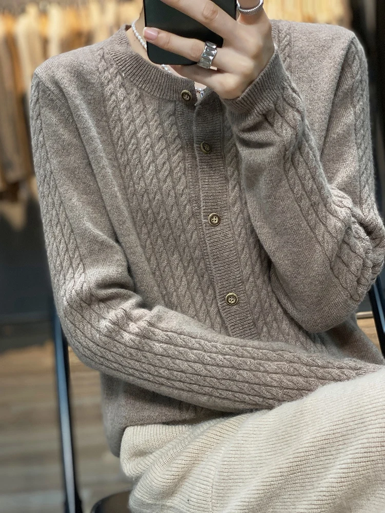 2023 Autumn And Winter New Round Neck Twist Flower 100% Pure Wool Sweater Cardigan Women's Loose And Thin All-Match