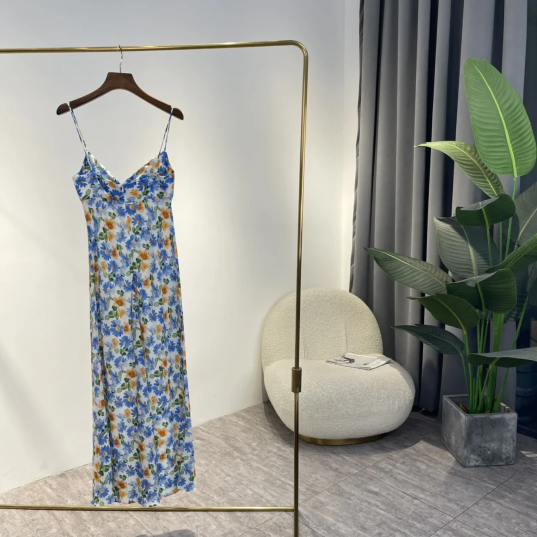 

Woman 2022 Summer Top Quality New Arrival Silk Yellow Blue Daisy Printing Slim Midi Low Cut Slip Dress