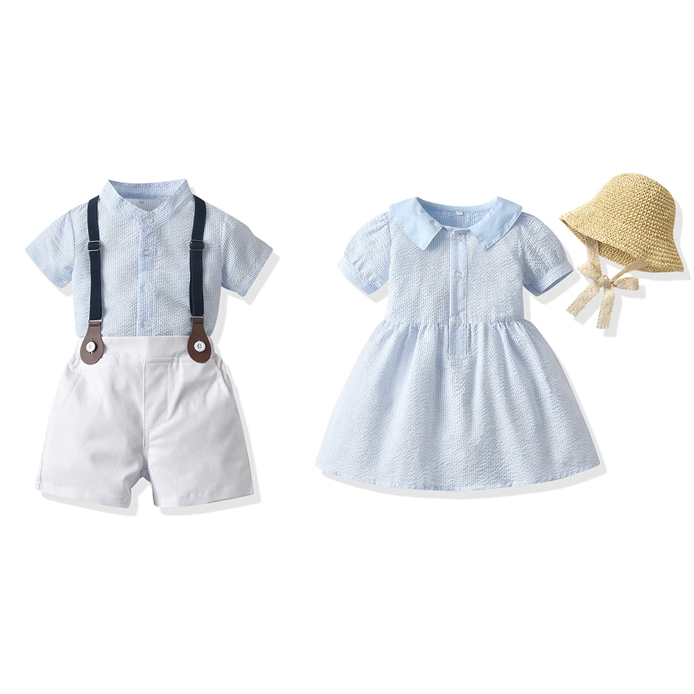 

Summer Plaid Top Suit Brother and Sister Kids Matching Outfits New Boys Gentleman Suit Girls Princess Sundress with Hat Sets