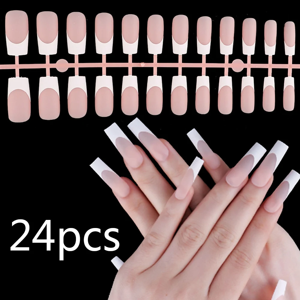 

24pcs Nude Pink French Fake Nails Matte Full Cover Press on Fake Nails with Glue Women Wearable Nail Art Stickers Manicure Art