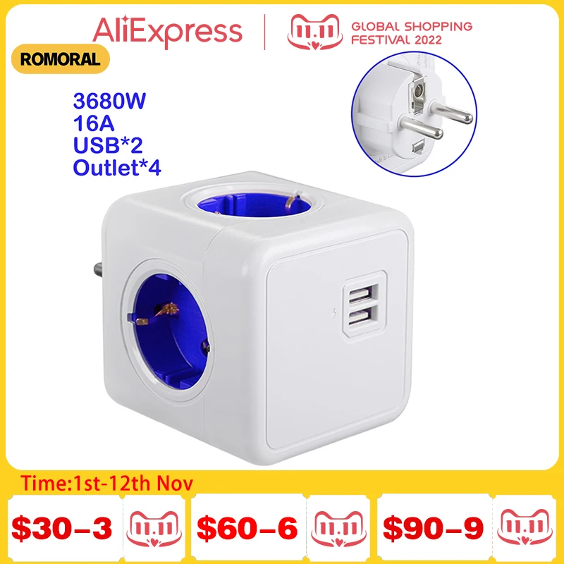 

3680W PowerCube 4 Outlets 2 USB Port Plug with Socket EU Plug Power Strips 16A Wall Adapter Power Strip For Home and Office
