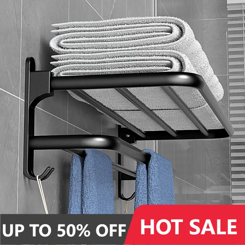 Rack 40-60 Cm Folding Holder With Hook Bathroom Accessories Wall Mount Rail Shower Hanger Aluminum Bar Matte Black Shelf