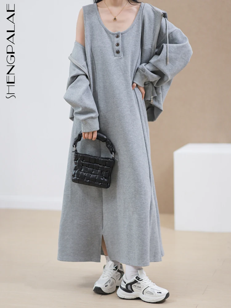 

SHENGPALAE Fashion Women 2 Pcs Sets Hooded Drawstring Zipper Sweatshirt Solid Color Casual Camisole Dress Autumn 2023 New 5R4364