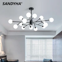 sandyha led round glass ball chandelier black gold iron frame pendant lights with frosted milk white balls hanging ceiling lamp