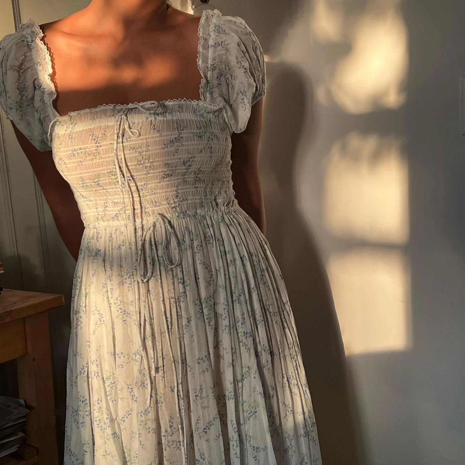 

Flower Printed Women Elegant Maxi Dress Sweet Puff Sleeve Fairy Slim Square Collar Summer Pastoral Style Daily Dresses