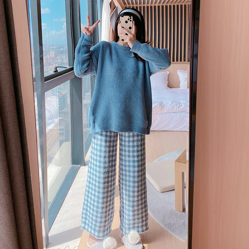 Pajamas Set Women Winter Thickening Warm Soft  Autumn long-sleeved Trousers Round Neck Plaid Solid Feather Yarn Suit Sleepwear
