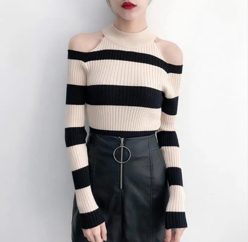 Пуловер женский полосатый с открытыми плечами на весну/Осень/зиму | Пуловеры