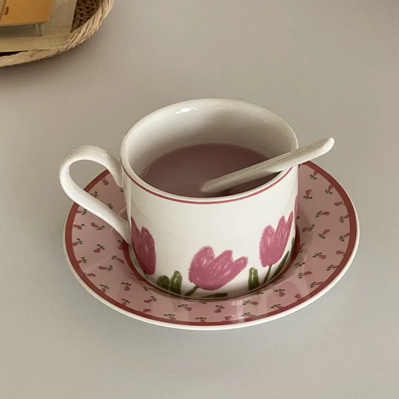 

Pink Tulip Coffee Cups Milk Cups Ceramic Fresh Teacup Gift Coffee Mug Afternoon Teacup Tazas Caneca Кружка Кружки أكواب Бокалы