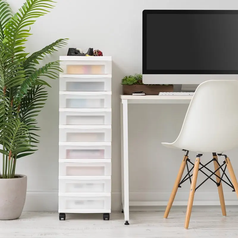 

Elegant 9-Drawer Adult White/Pearl Plastic Storage Cart with Top Organizer & Wheels, Perfect for Every Room.