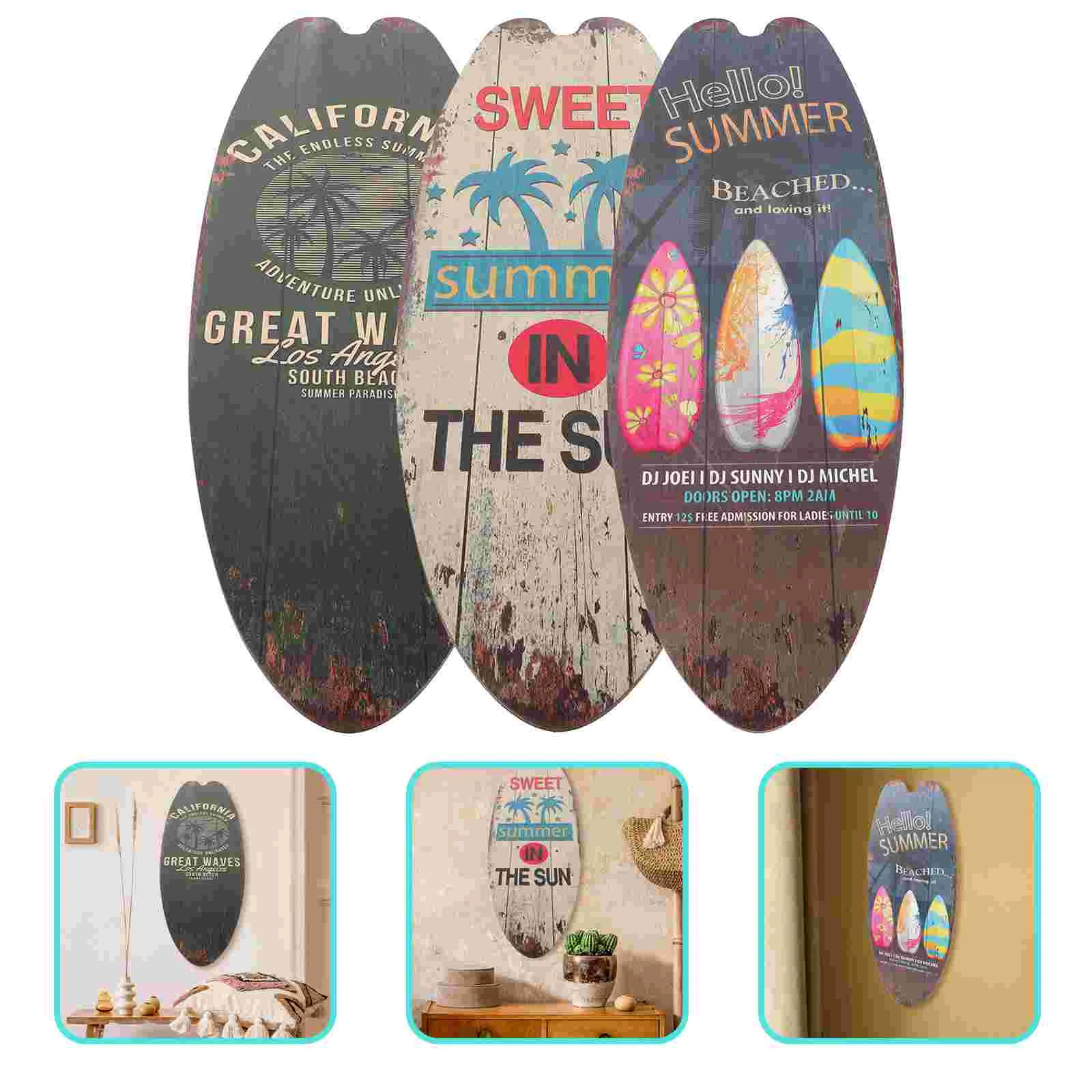

3 Pcs Surfboard Decoration Beach Wall Vintage Home Signs Outdoor Summer Theme Bar Wooden Coastal
