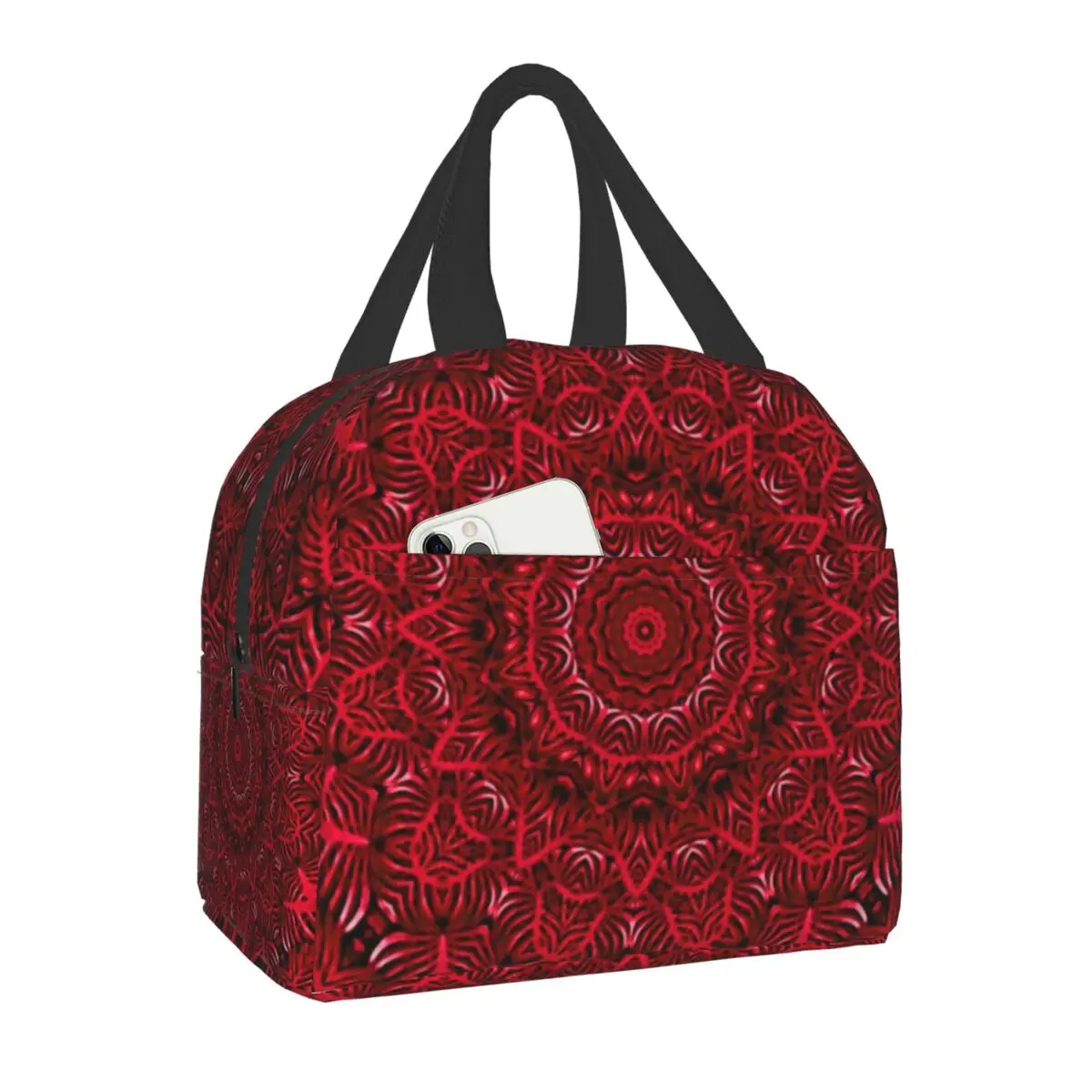 

Red Passion Mandala Portable Lunch Box Women Waterproof Boho Floral Pattern Thermal Cooler Food Insulated Lunch Bag