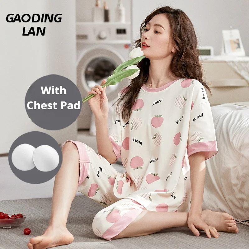 

With Chest Pad Cotton Short Sleeve Women Pajamas Set Large Size 2 Piece Calf Length Shorts Pyjamas Suit Peach Print Sleepwear