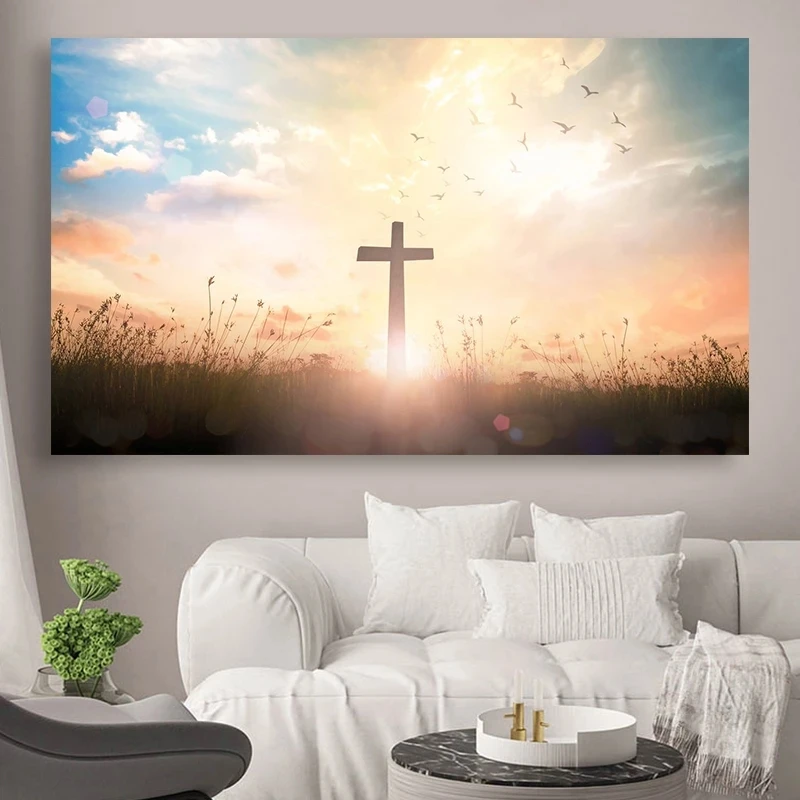 

Religious Poster and Print Jesus Cross Sunset Field Scenery Canvas Painting Christian Wall Art Mural Living Room Home Decoration