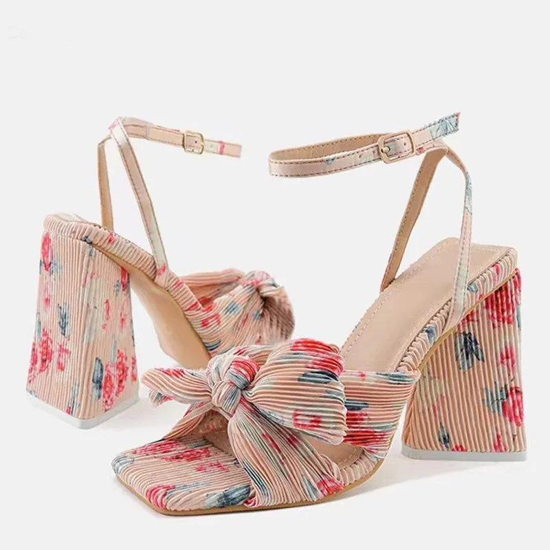 

Big Size 44 45 46 Fashion Pleated Butterfly-Knot Womens Sandals Gladiator Peep Toe Buckle Strap Triangle High Heels Dress Shoe