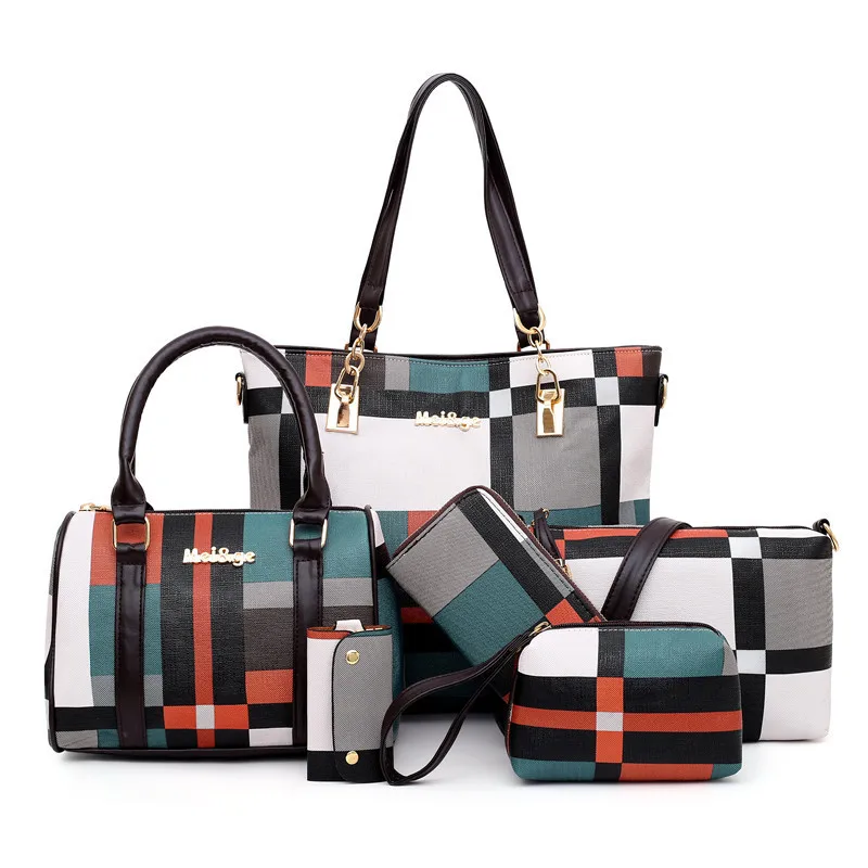 

New Fashion Luxury Handbags New 6 PCS Set Women Plaid Colors Handbag Female Shoulder Bag Travel Shopping Ladies Crossbody Bag