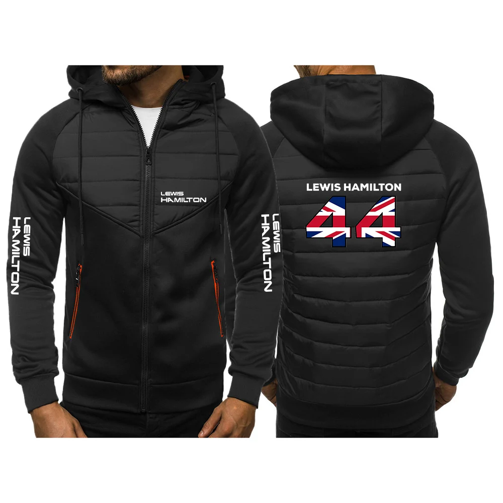 

Men Autumn New F1 Driver Lewis Hamilton Digital 44 Logo Print Thin Cotton Padded Jacket Winter Solid Color Patchwork Hip Hop Top