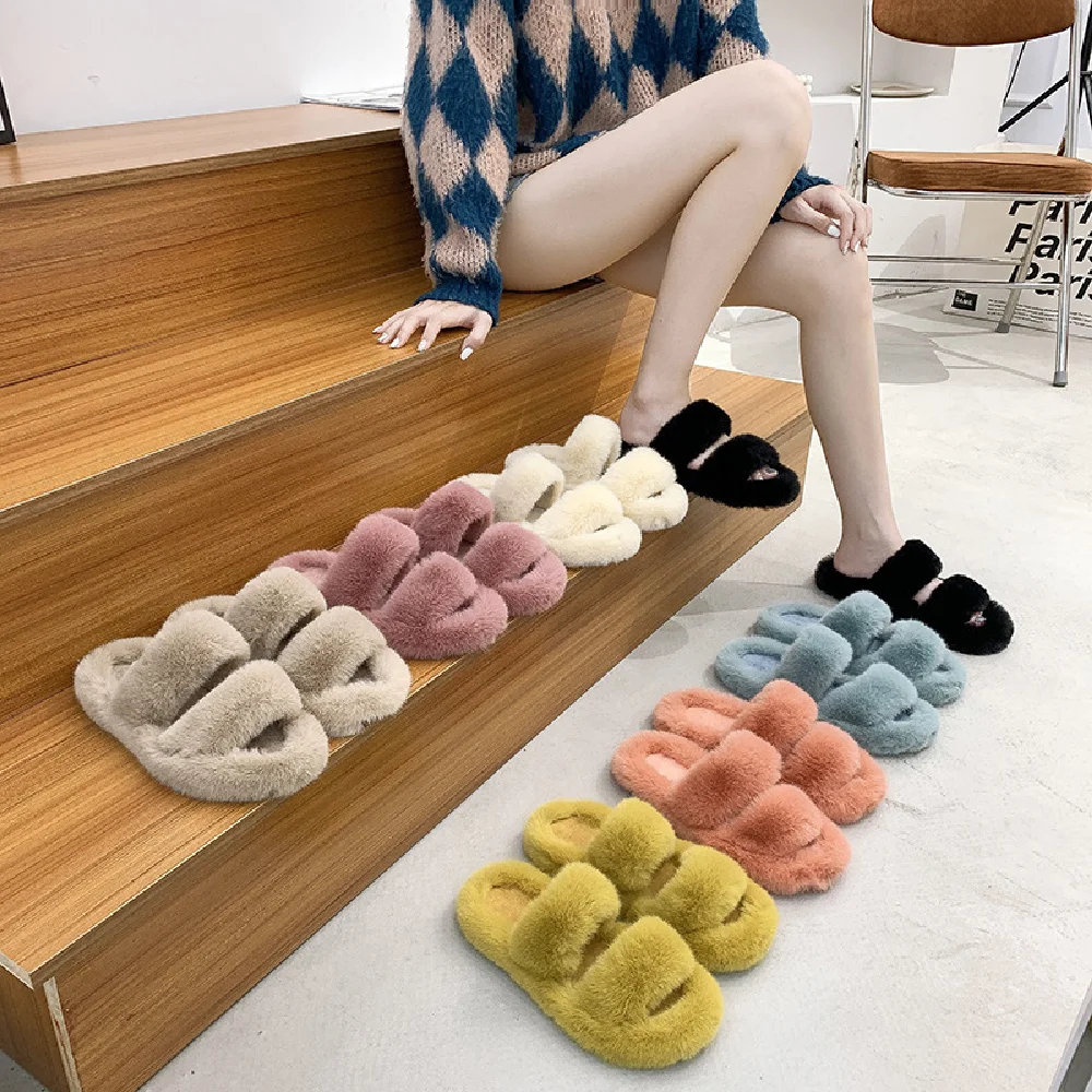

Large Size Double Woolly Slippers Female New Autumn And Winter Wear Flat Bottom One Word Inner Room Warm