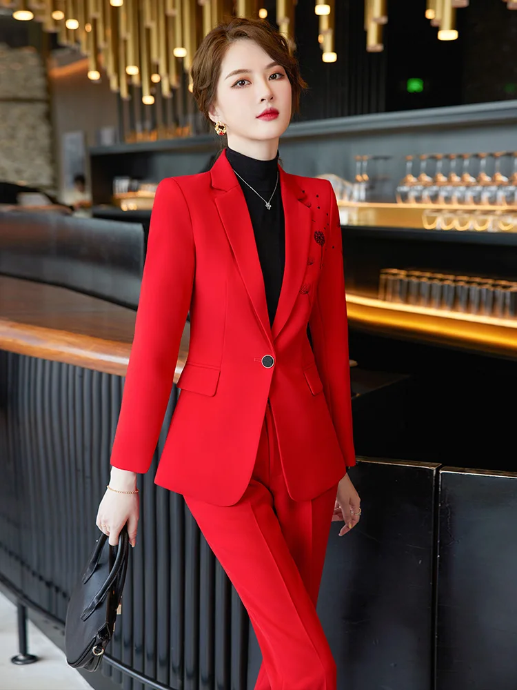 Bright red black and white autumn and winter business teacher work clothes, professional clothes, women's suits, high-end suits