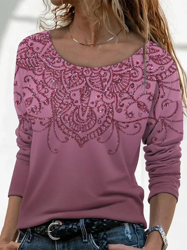 2023 Autumn Round Neck Pullover Spring Women's Daily Long Sleeve Fashion Tops Casual Regular Tee Shirt Vintage Print T-shirt - купить по