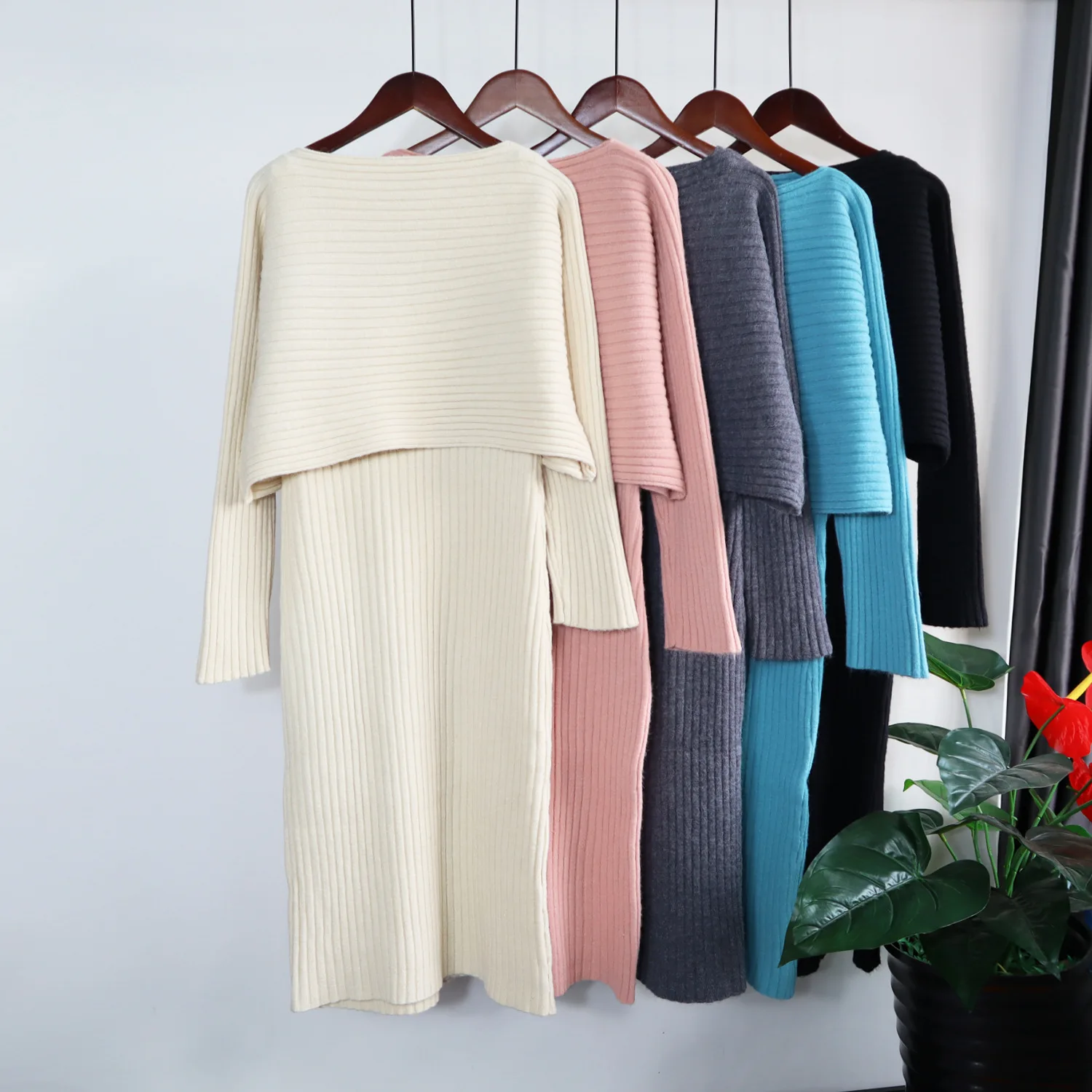 

Women Tracksuit Thick Sweater Autumn Winter Knitted Two Piece Set Top+Knitted Dress Winter Warm Sweater Elastic Dress Suits