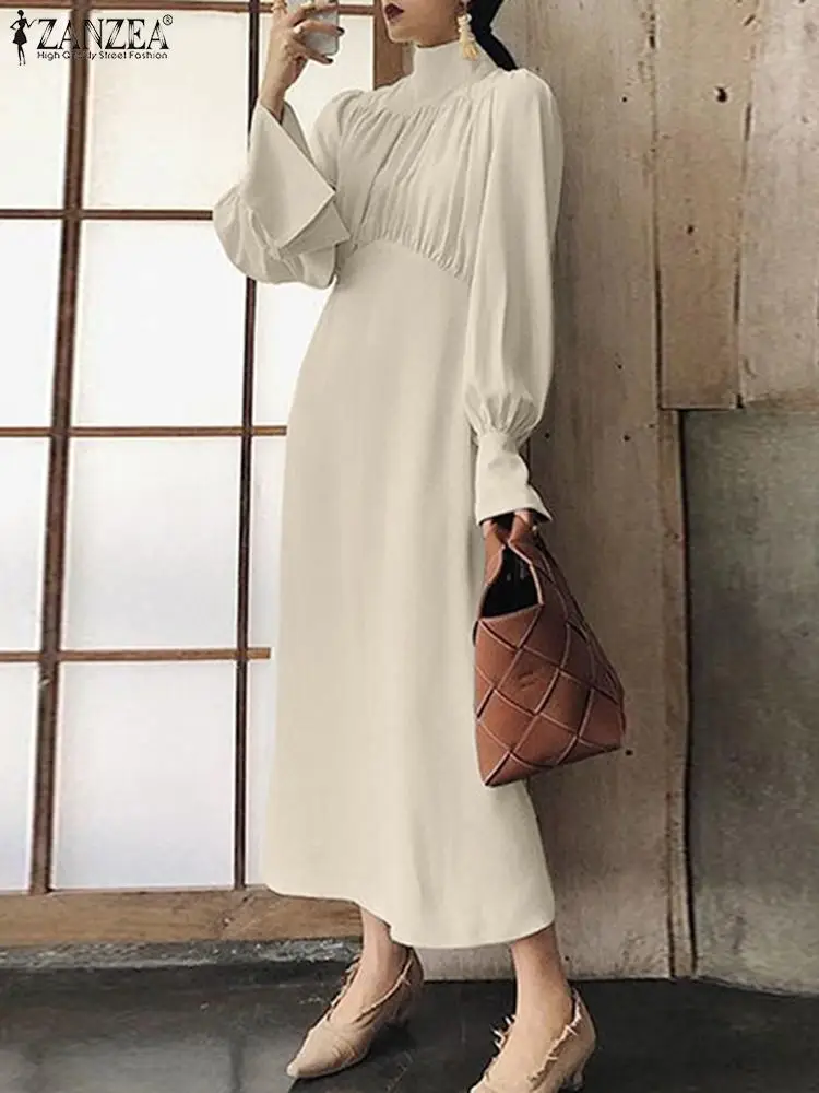 

Женское Повседневное платье-миди с длинным рукавом-фонариком и круглым вырезом, модель 2022 года, модный Однотонный сарафан ZANZEA, плиссированн...